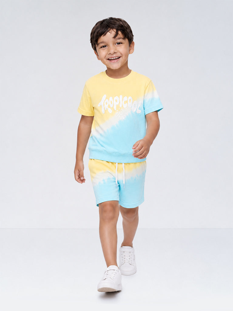 HOP Kids Boys Yellow and Blue Tie-Dye Cotton T-Shirt and Shorts Set