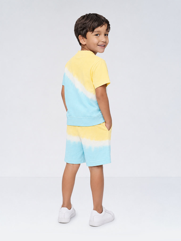 HOP Kids Boys Yellow and Blue Tie-Dye Cotton T-Shirt and Shorts Set