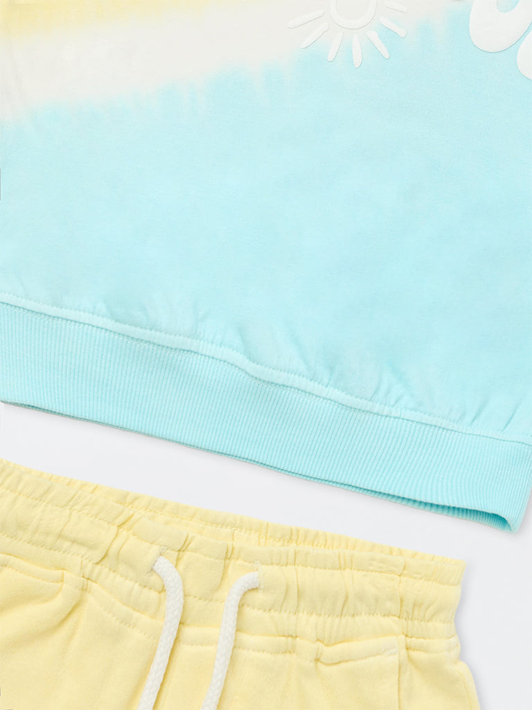 HOP Kids Boys Yellow and Blue Tie-Dye Cotton T-Shirt and Shorts Set