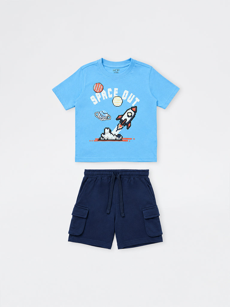 HOP Kids Boys Blue Printed Cotton T-Shirt and Shorts Set