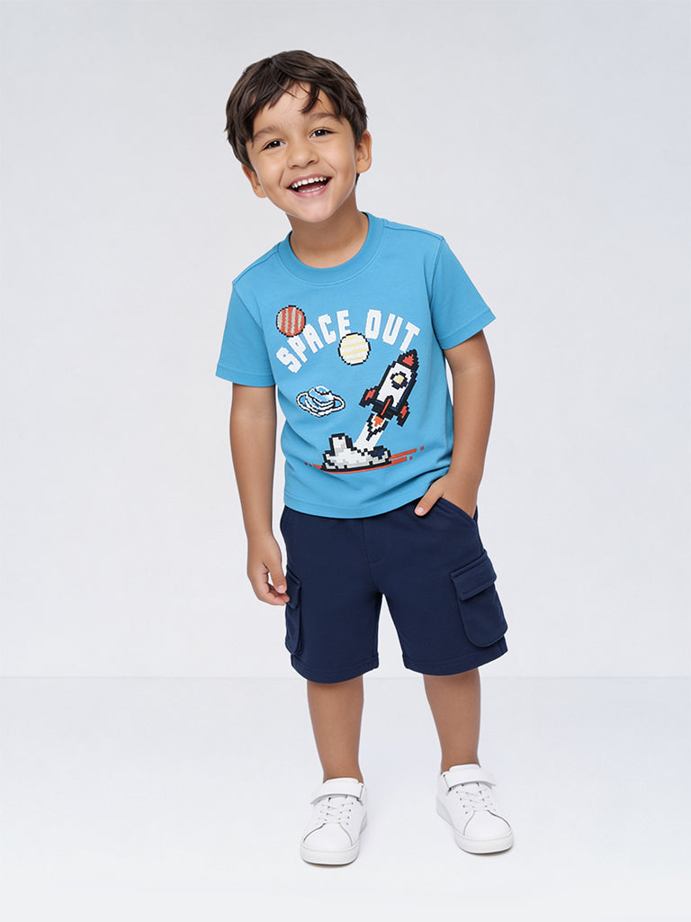 HOP Kids Boys Blue Printed Cotton T-Shirt and Shorts Set