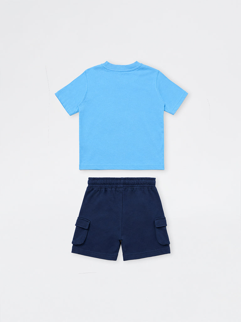 HOP Kids Boys Blue Printed Cotton T-Shirt and Shorts Set