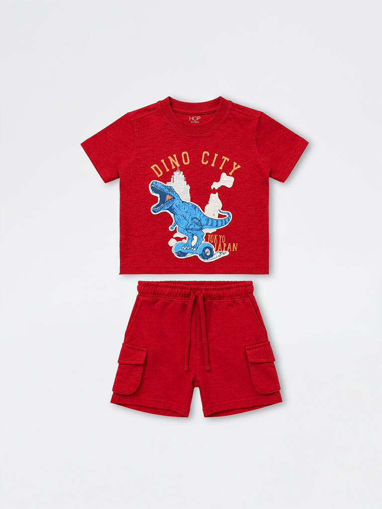 HOP Kids Boys Red Dinosaur Printed Cotton T-Shirt and Shorts Set