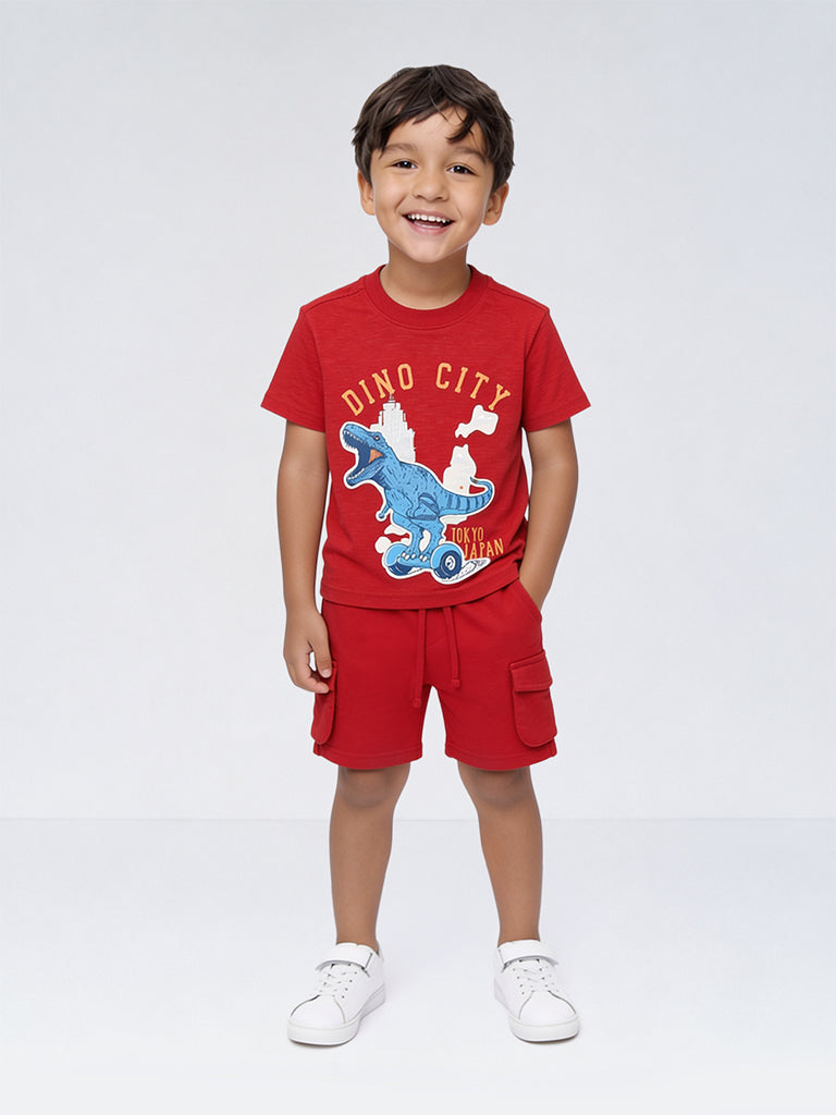HOP Kids Boys Red Dinosaur Printed Cotton T-Shirt and Shorts Set