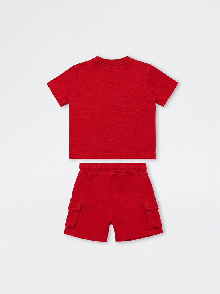 HOP Kids Boys Red Dinosaur Printed Cotton T-Shirt and Shorts Set