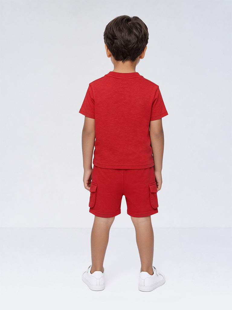 HOP Kids Boys Red Dinosaur Printed Cotton T-Shirt and Shorts Set