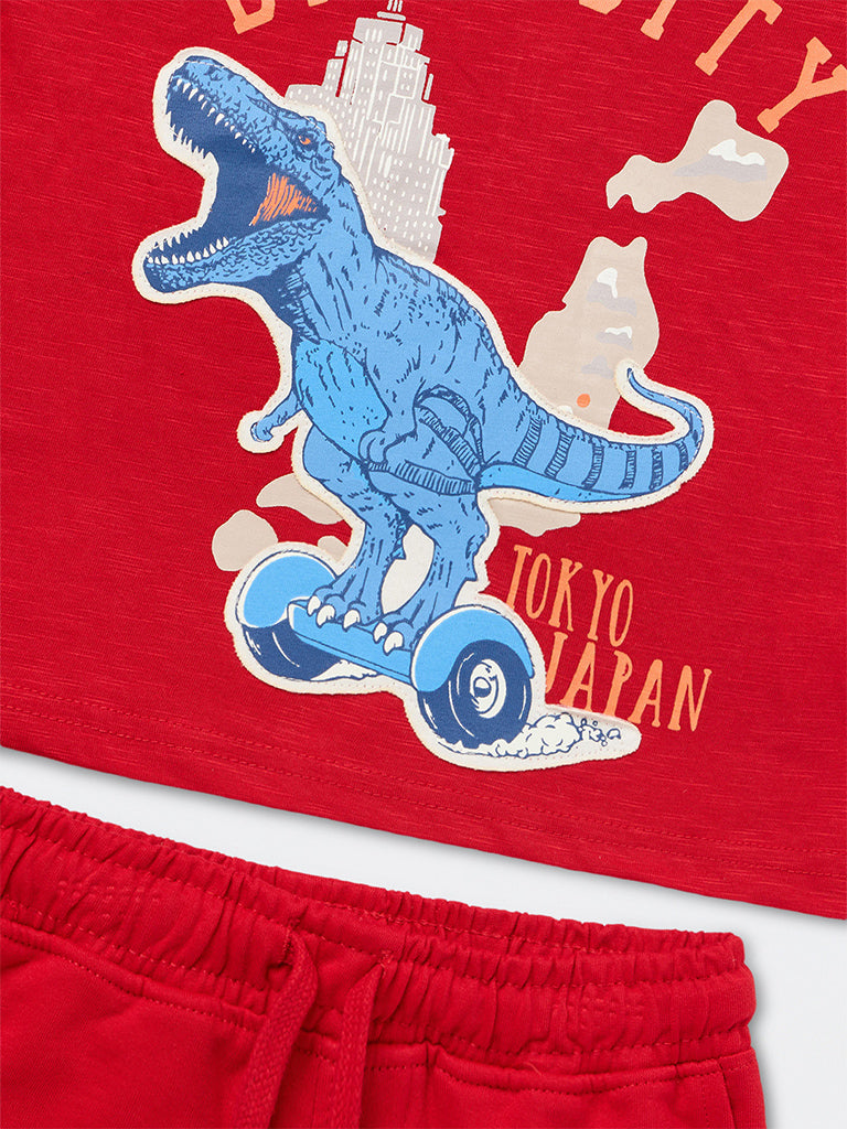 HOP Kids Boys Red Dinosaur Printed Cotton T-Shirt and Shorts Set