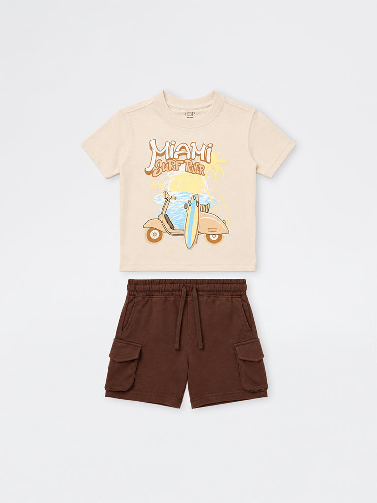 HOP Kids Boys Brown Printed Cotton T-Shirt and Shorts Set