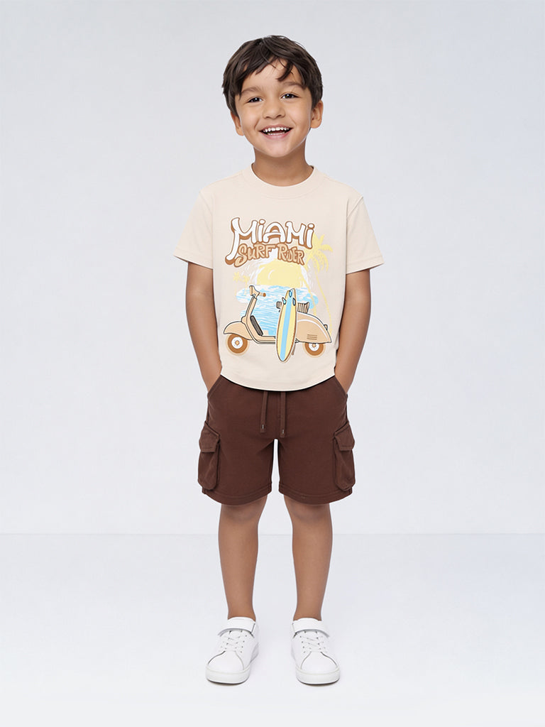 HOP Kids Boys Brown Printed Cotton T-Shirt and Shorts Set