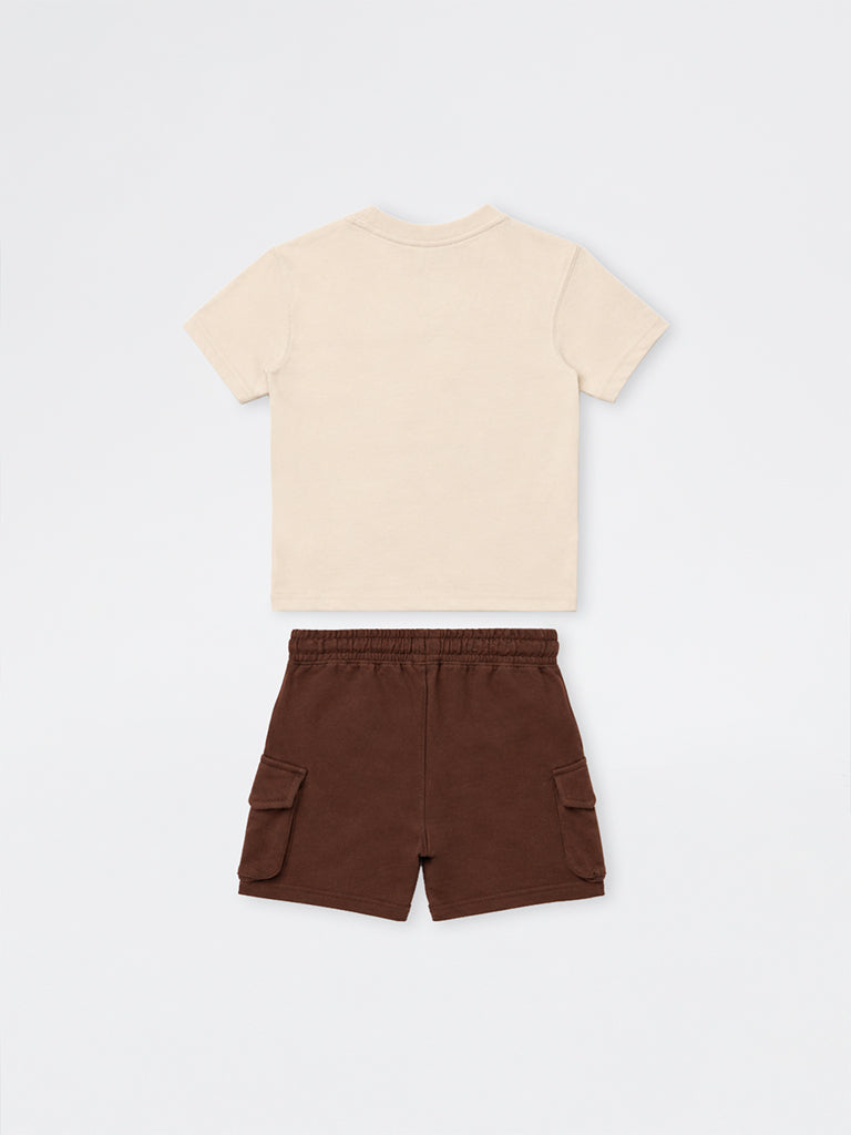 HOP Kids Boys Brown Printed Cotton T-Shirt and Shorts Set