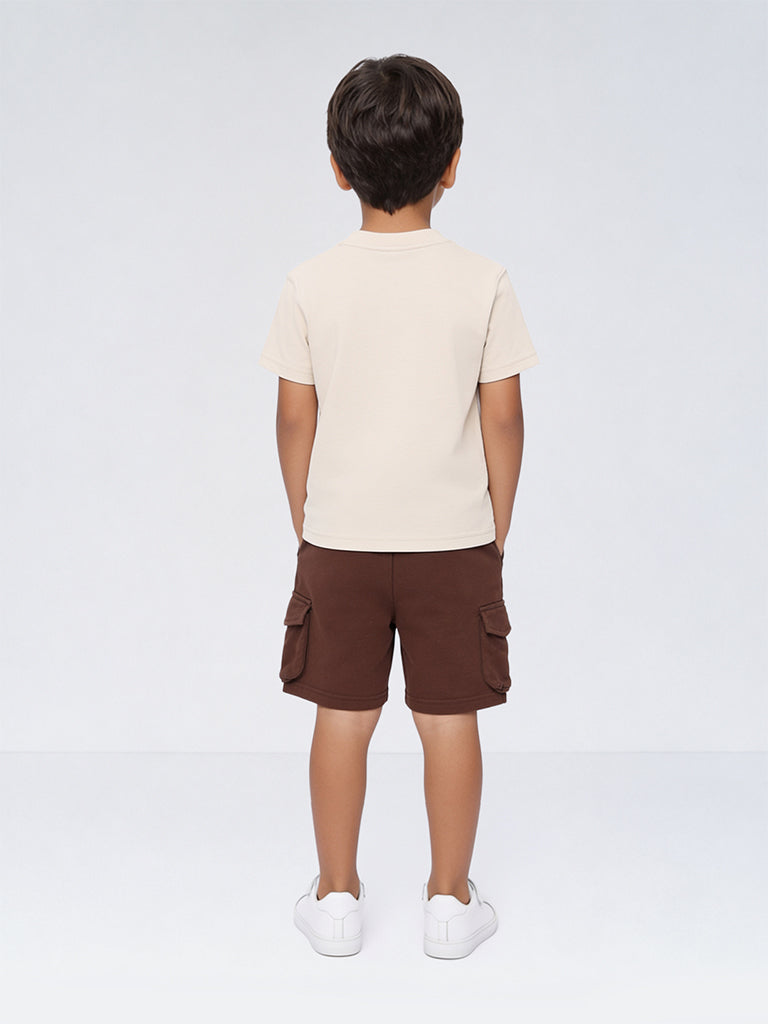 HOP Kids Boys Brown Printed Cotton T-Shirt and Shorts Set