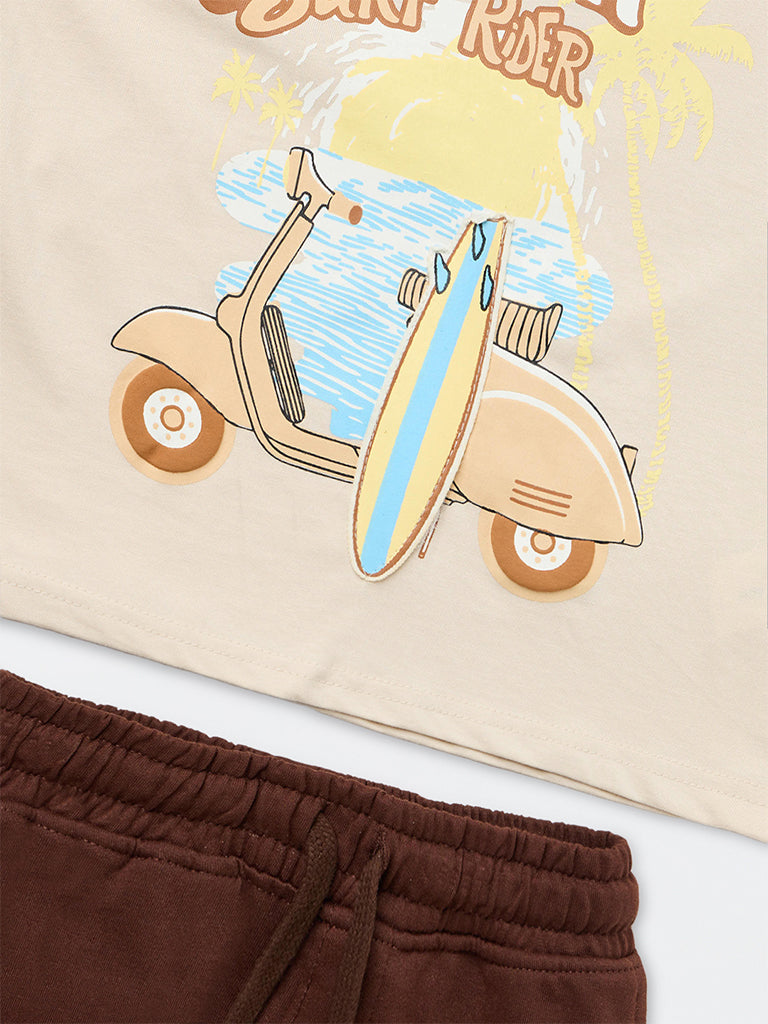 HOP Kids Boys Brown Printed Cotton T-Shirt and Shorts Set