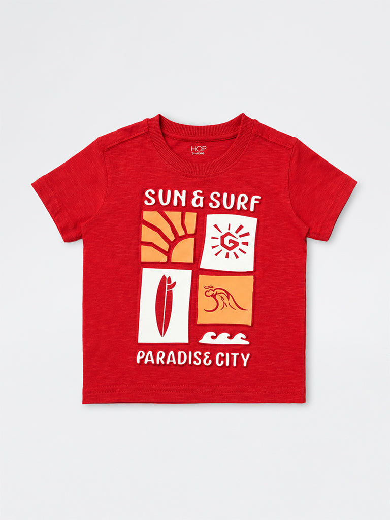 HOP Kids Boys Red Surf-Theme Cotton T-Shirt