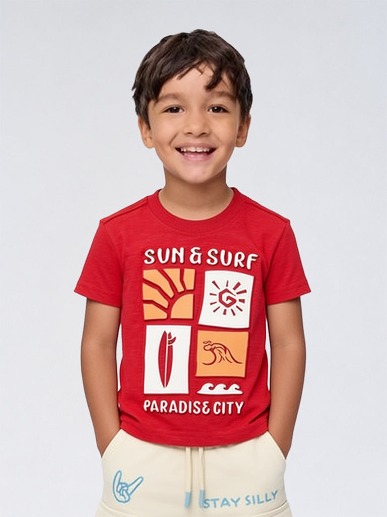 HOP Kids Boys Red Surf-Theme Cotton T-Shirt