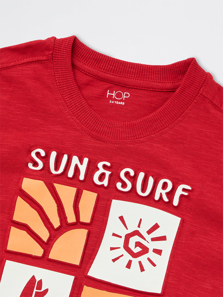 HOP Kids Boys Red Surf-Theme Cotton T-Shirt