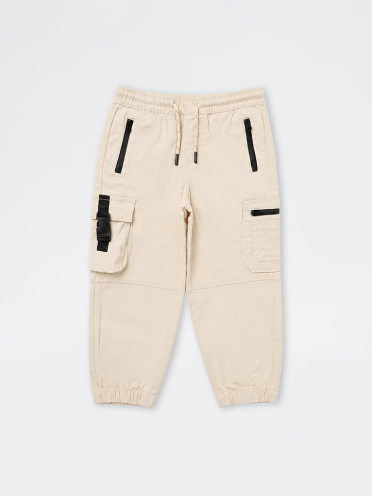 HOP Kids Boys Light Beige Mid-Rise Cotton Cargo Joggers