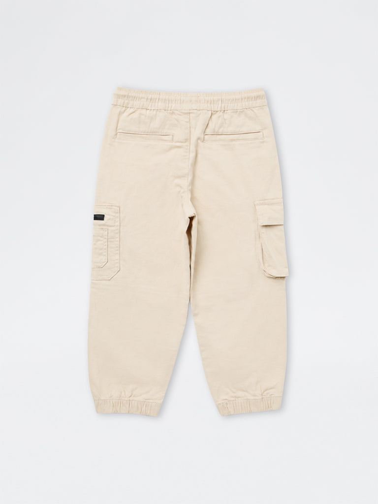 HOP Kids Boys Light Beige Mid-Rise Cotton Cargo Joggers