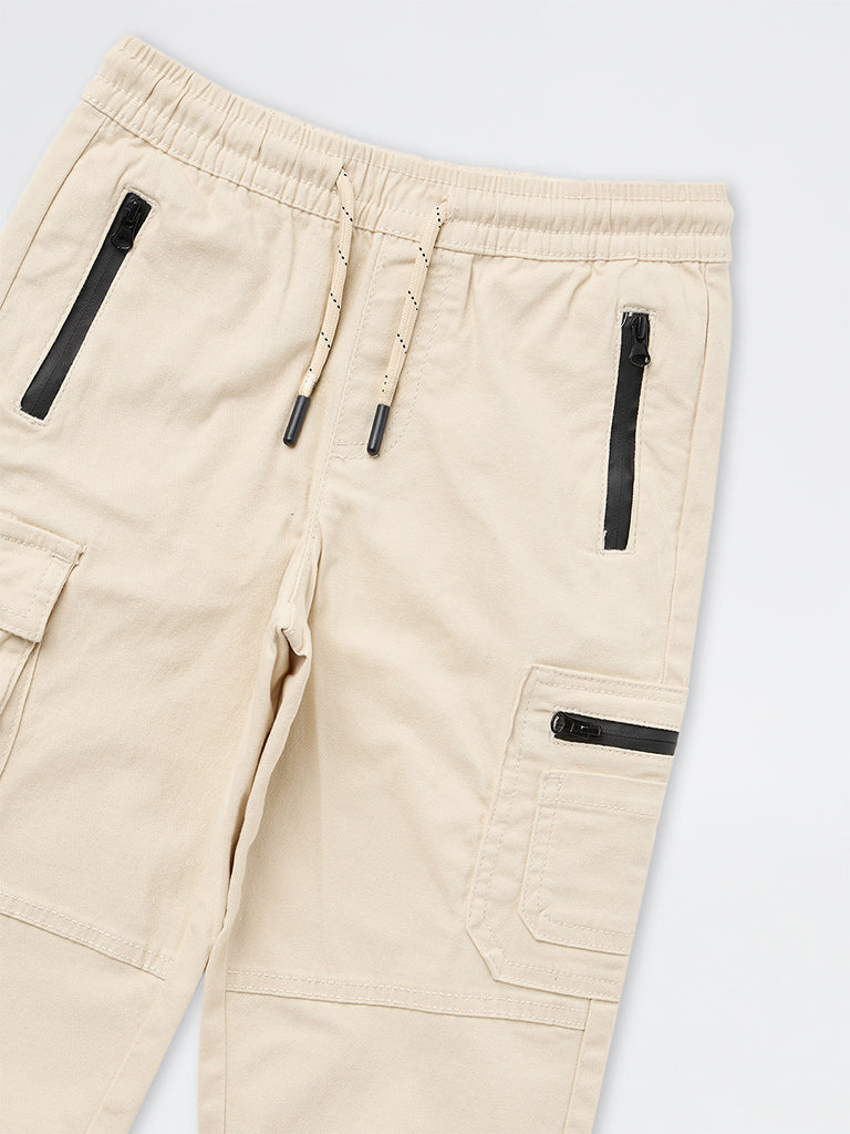 HOP Kids Boys Light Beige Mid-Rise Cotton Cargo Joggers