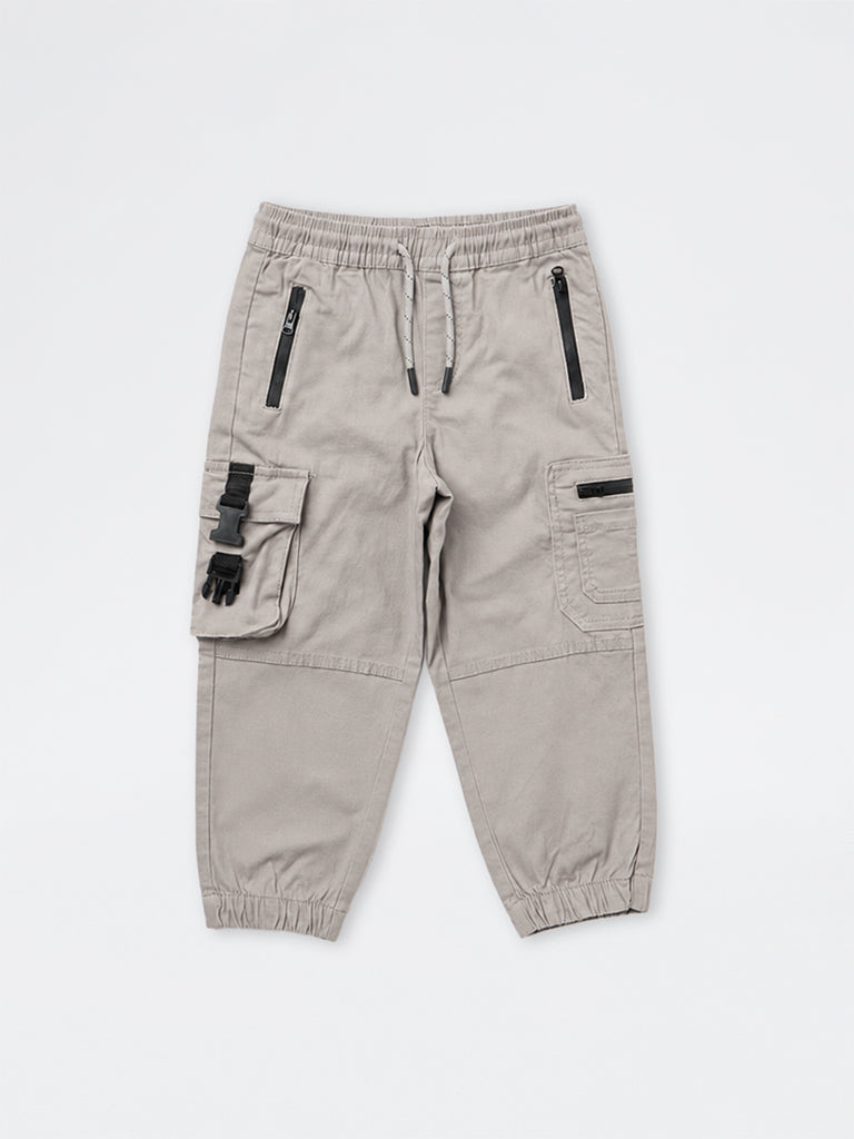 HOP Kids Boys Grey Mid-Rise Cotton Cargo Joggers