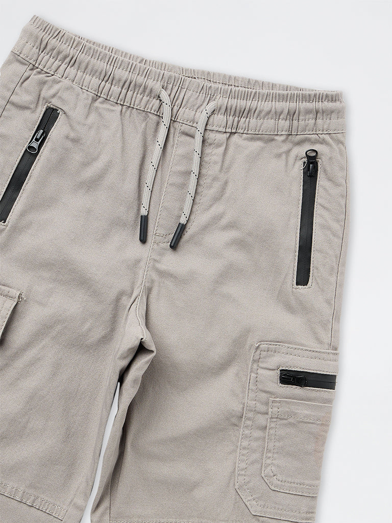 HOP Kids Boys Grey Mid-Rise Cotton Cargo Joggers