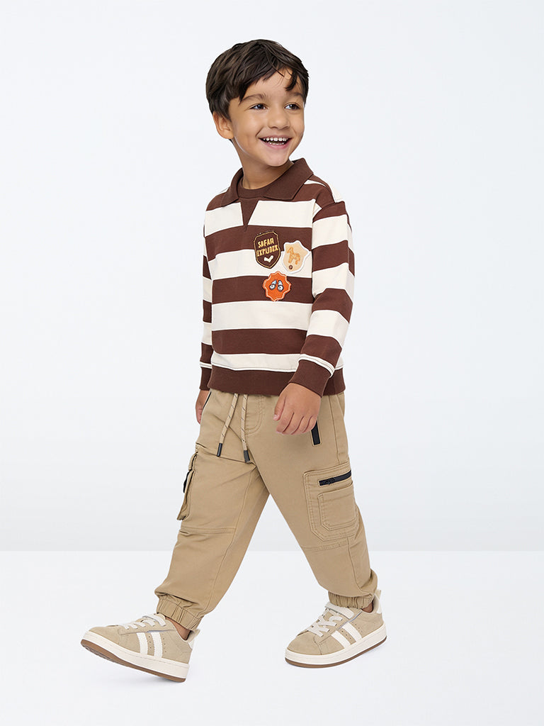 HOP Kids Boys Taupe Cargo-Style Mid-Rise Cotton-Blend Joggers