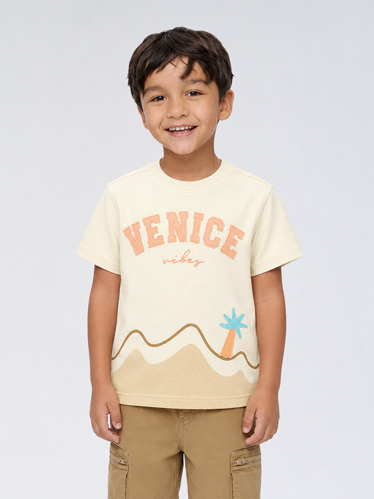 HOP Kids Boys Cream Text Design Cotton T-Shirt