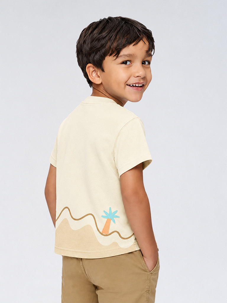 HOP Kids Boys Cream Text Design Cotton T-Shirt