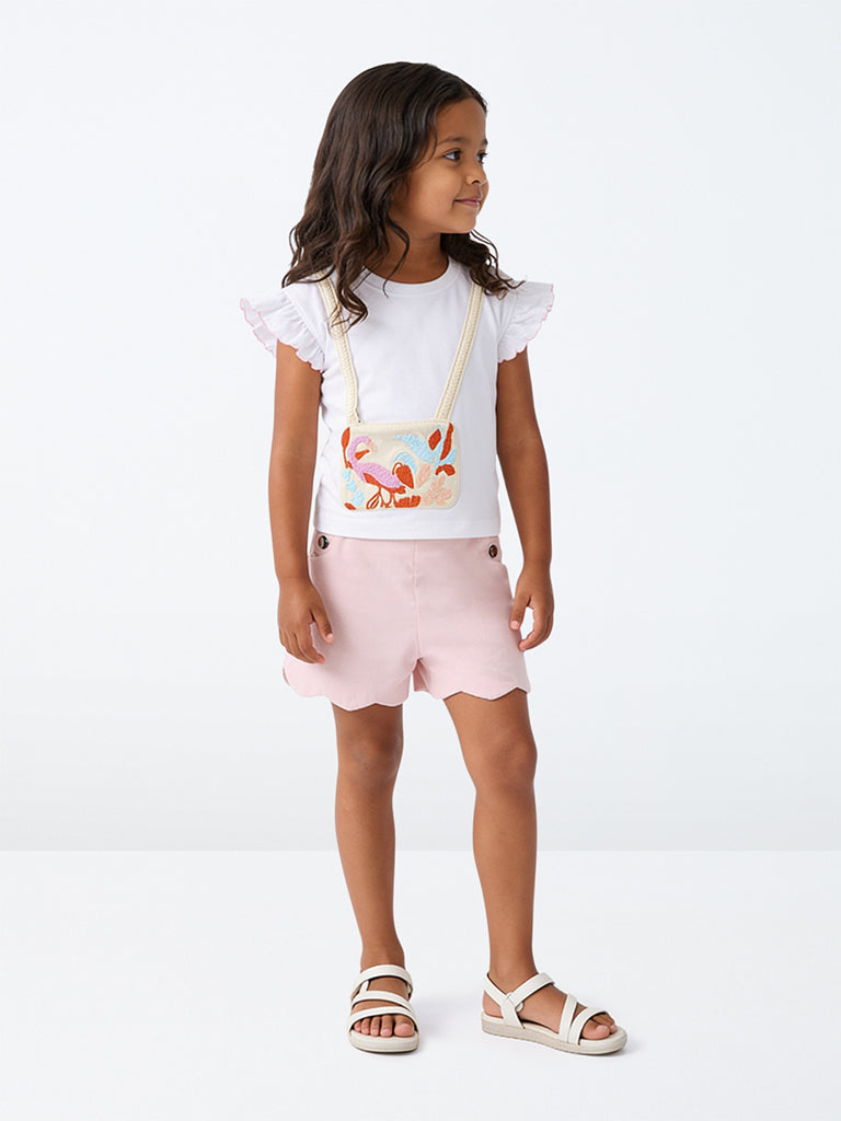 HOP Kids Girls Light Pink Scalloped High-Rise Cotton Shorts