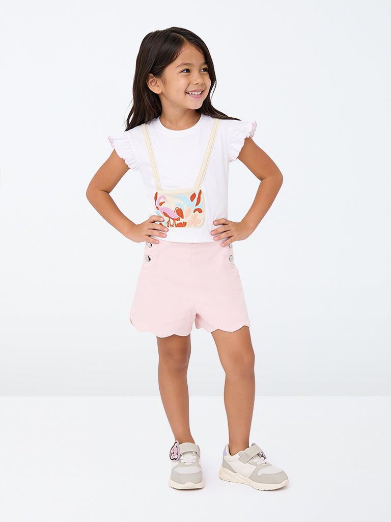 HOP Kids Girls Light Pink Scalloped High-Rise Cotton Shorts