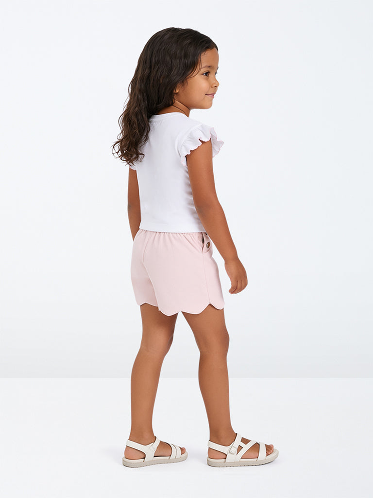 HOP Kids Girls Light Pink Scalloped High-Rise Cotton Shorts