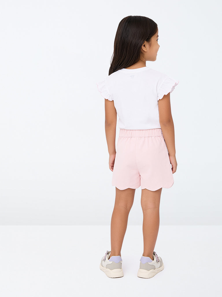 HOP Kids Girls Light Pink Scalloped High-Rise Cotton Shorts