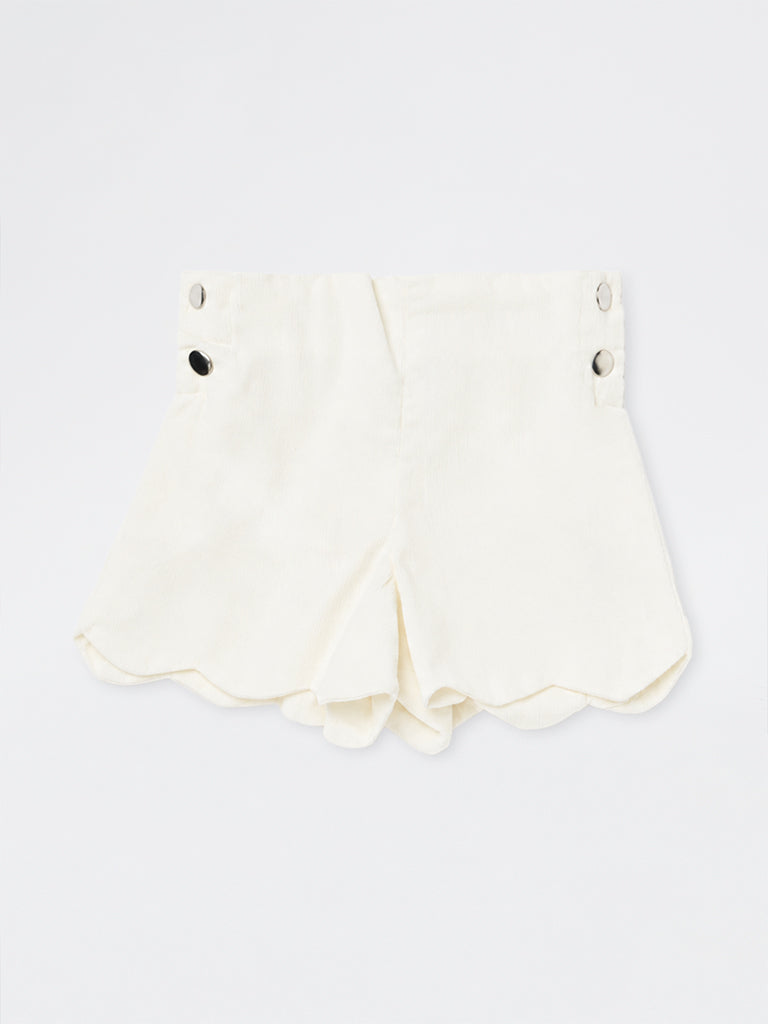 HOP Kids Girls White Scalloped High-Rise Cotton Shorts