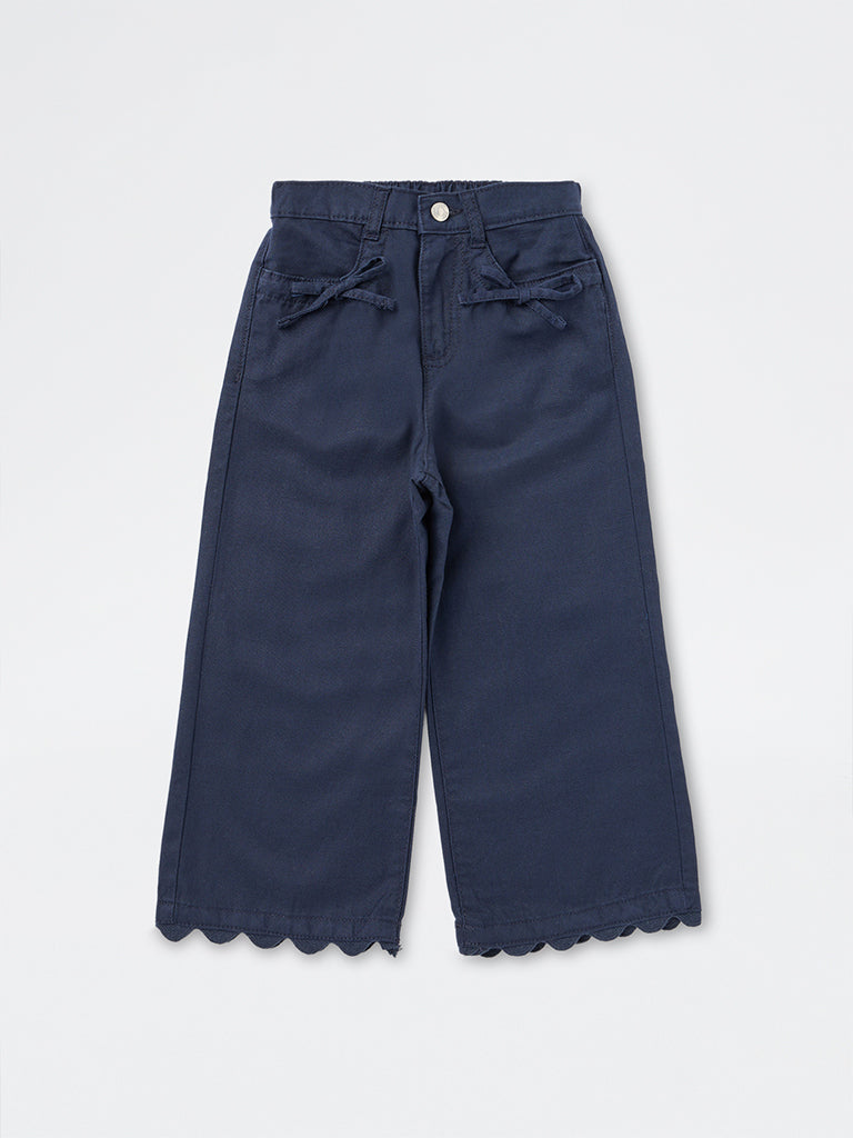 HOP Kids Girls Navy Scalloped-Detail High-Rise Trousers