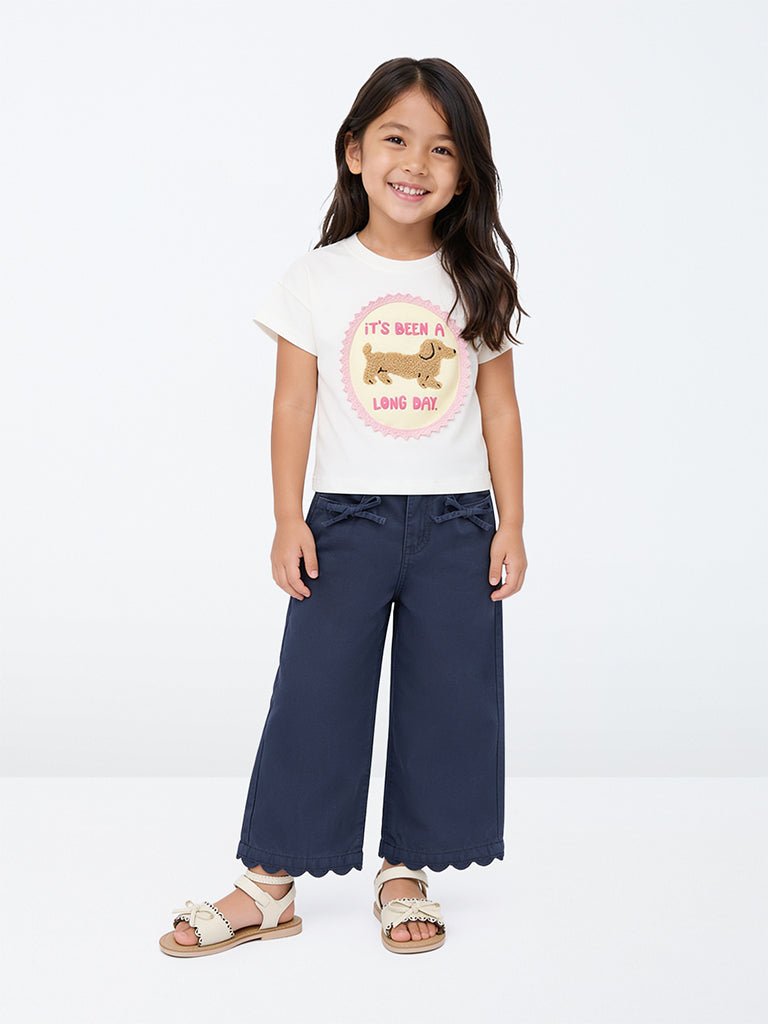 HOP Kids Girls Navy Scalloped-Detail High-Rise Trousers