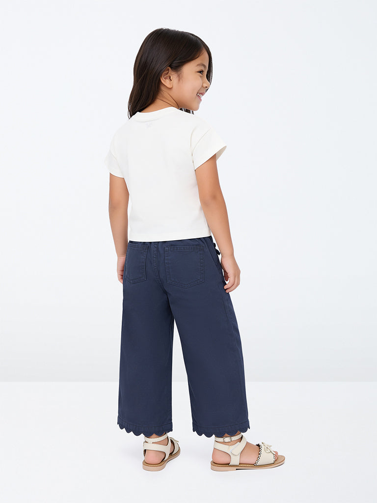 HOP Kids Girls Navy Scalloped-Detail High-Rise Trousers