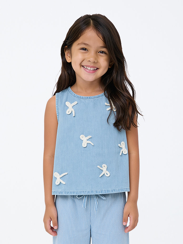 HOP Kids Girls Light Blue Bow-Detailed Cotton Top