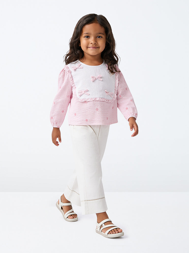HOP Kids Girls Pink Bow-Detail Striped Cotton Top
