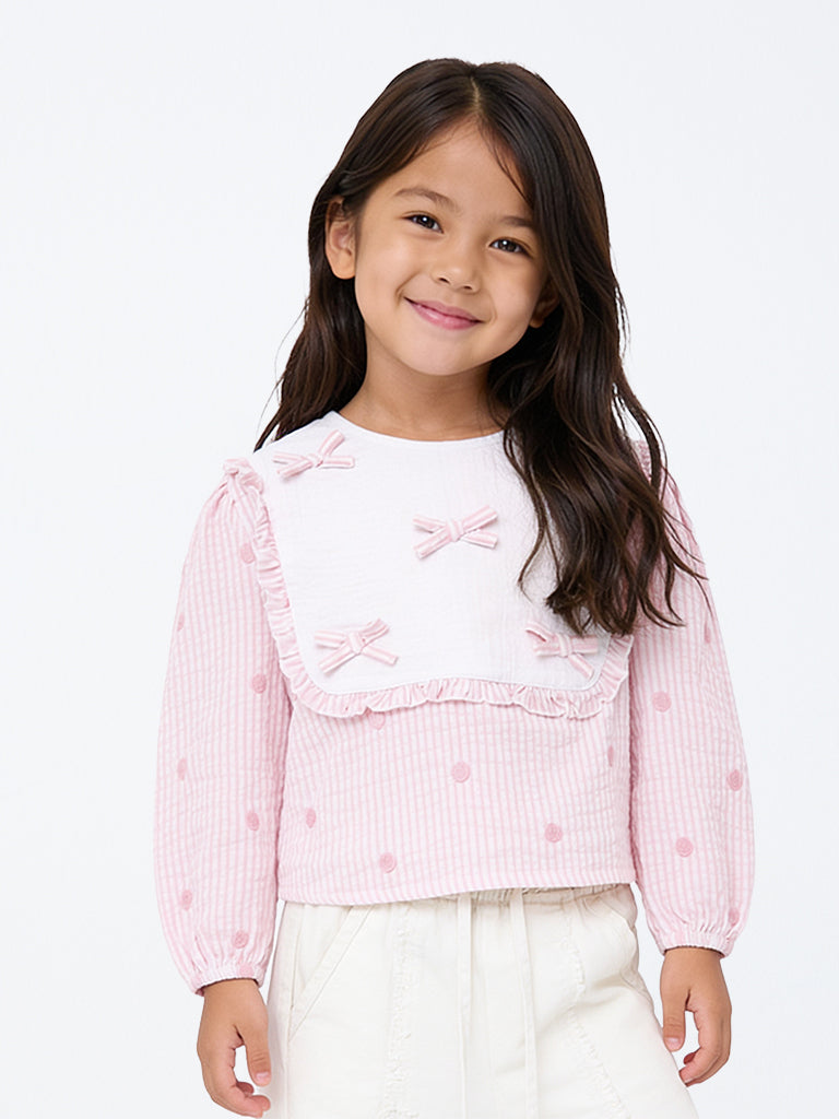 HOP Kids Girls Pink Bow-Detail Striped Cotton Top