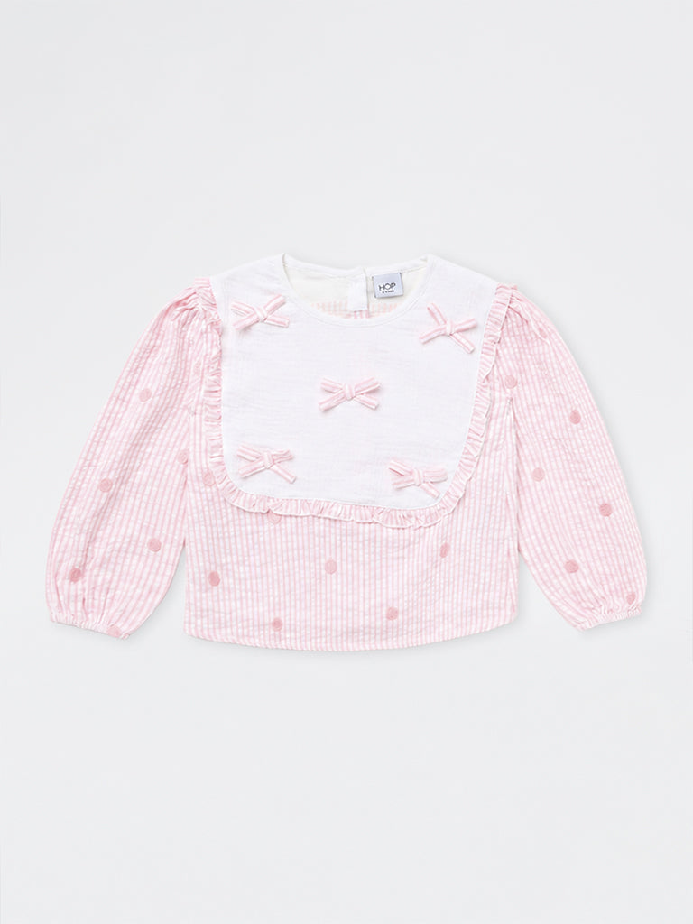HOP Kids Girls Pink Bow-Detail Striped Cotton Top