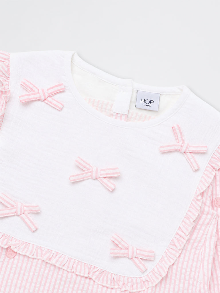 HOP Kids Girls Pink Bow-Detail Striped Cotton Top