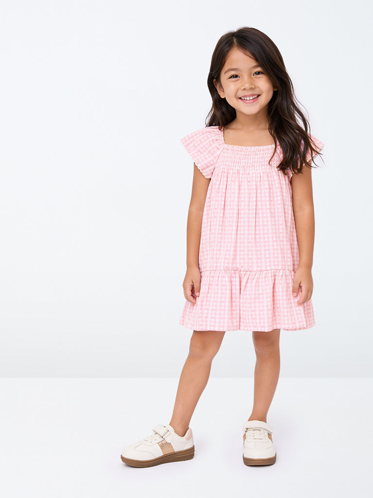 HOP Kids Girls Pink Gingham Checkered Cotton-Blend A-Line Dress