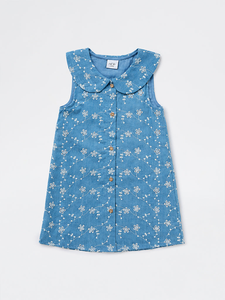 HOP Kids Girls Blue Floral Embroidered A-Line Cotton Dress