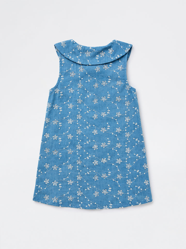 HOP Kids Girls Blue Floral Embroidered A-Line Cotton Dress