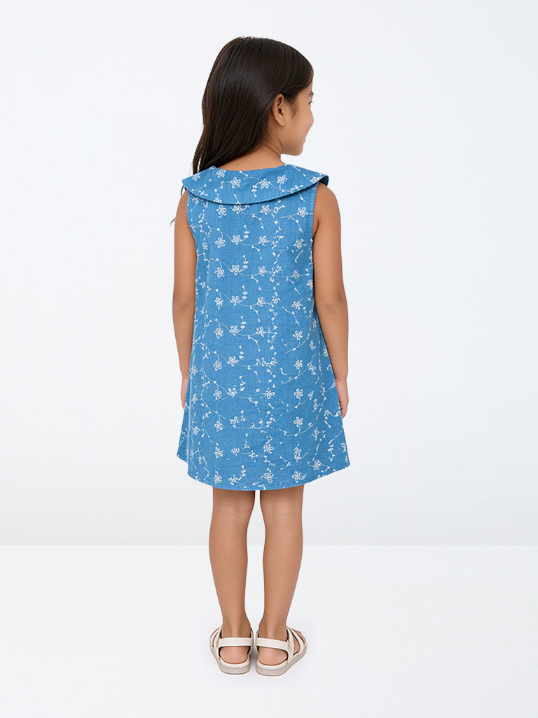 HOP Kids Girls Blue Floral Embroidered A-Line Cotton Dress