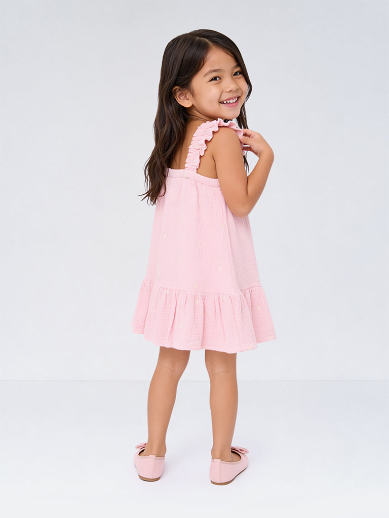 HOP Kids Girls Pink Solid Cotton A-Line Dress