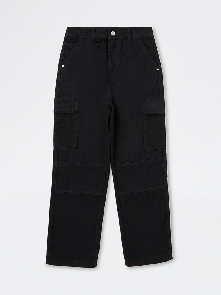 Y&F Kids Boys Black Cargo-Style Mid-Rise Relaxed Fit Jeans