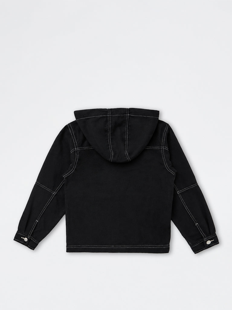 Boys Black Solid Denim Hooded Jacket