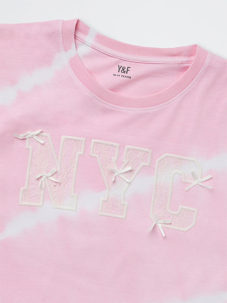 Girls Pink Tie-Dye Printed Cotton T-Shirt