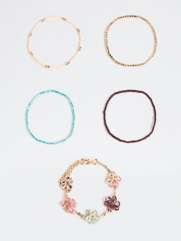 Westside Accessories Multicolour Floral Beaded Stack Bracelets - Pack of 5