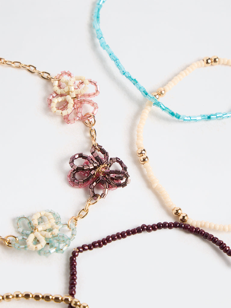 Westside Accessories Multicolour Floral Beaded Stack Bracelets - Pack of 5